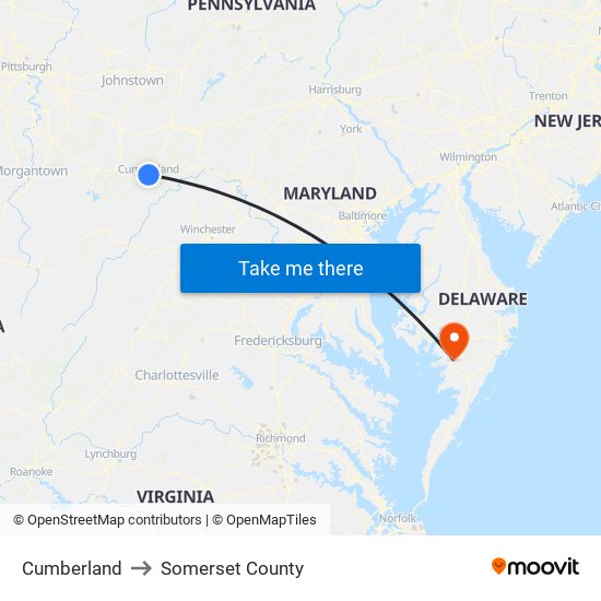 Cumberland to Somerset County map