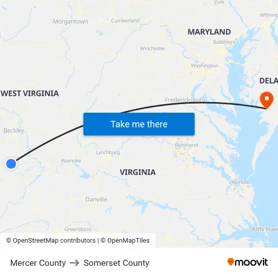 Mercer County to Somerset County map