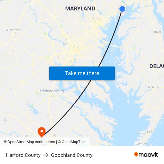 Harford County to Goochland County map