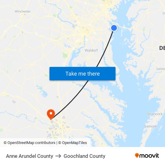 Anne Arundel County to Goochland County map