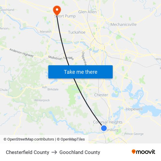 Chesterfield County to Goochland County map