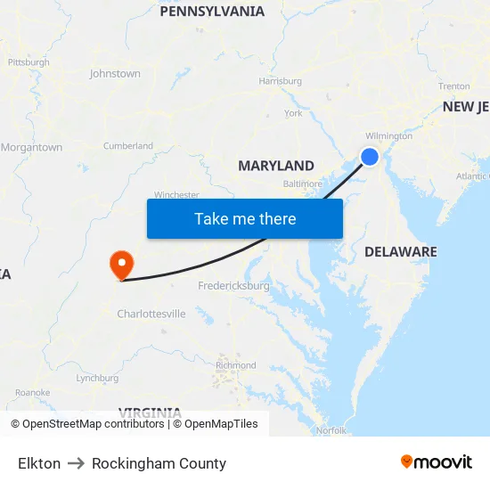 Elkton to Rockingham County map