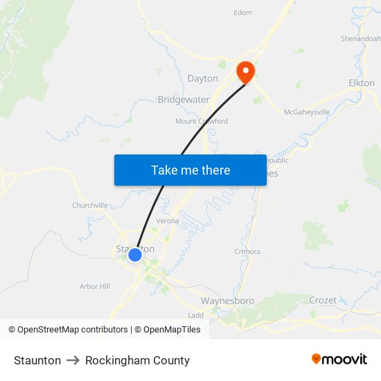 Staunton to Rockingham County map