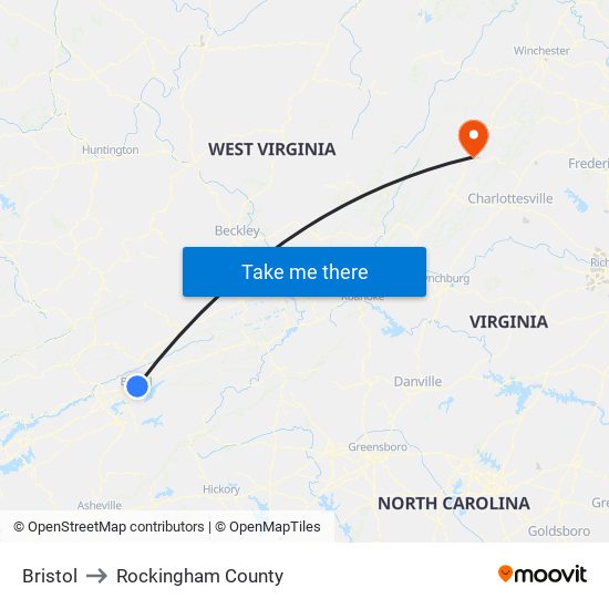 Bristol to Rockingham County map