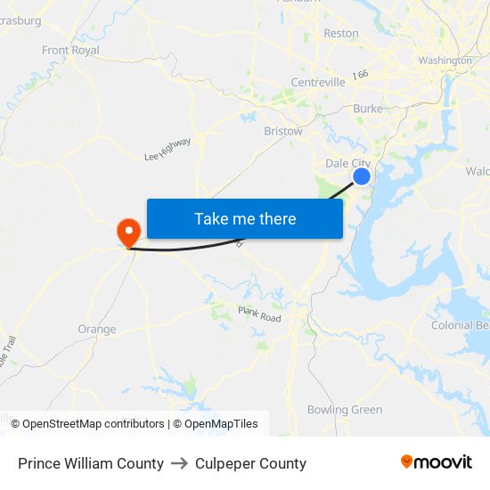 Prince William County to Culpeper County map