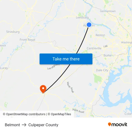 Belmont to Culpeper County map