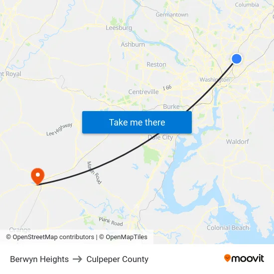 Berwyn Heights to Culpeper County map