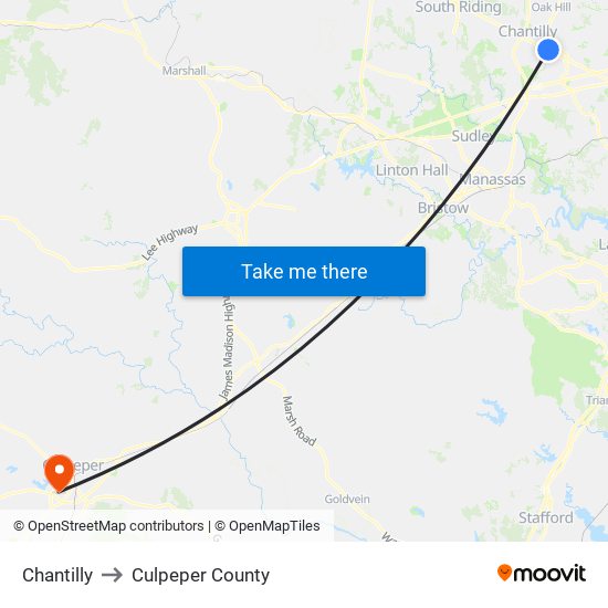 Chantilly to Culpeper County map