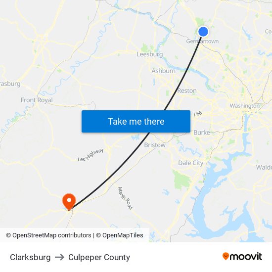 Clarksburg to Culpeper County map