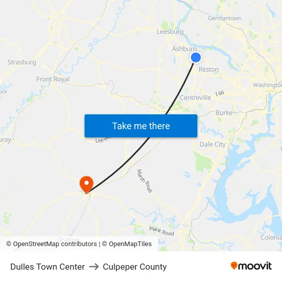 Dulles Town Center to Culpeper County map