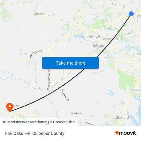 Fair Oaks to Culpeper County map