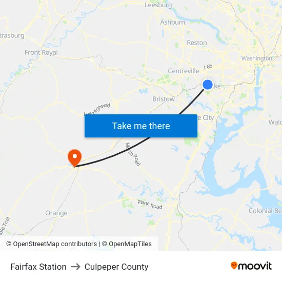 Fairfax Station to Culpeper County map
