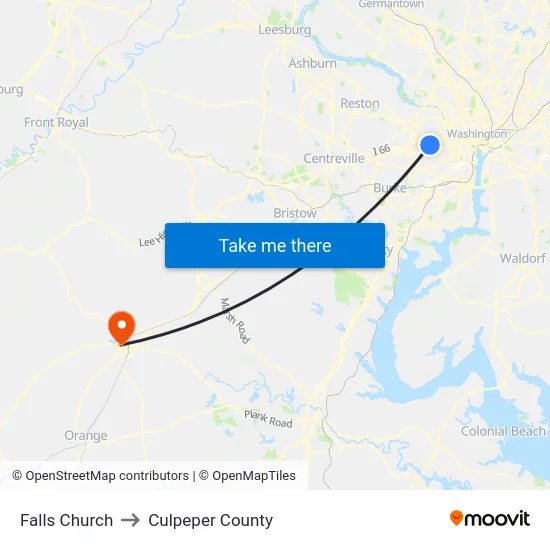 Falls Church to Culpeper County map