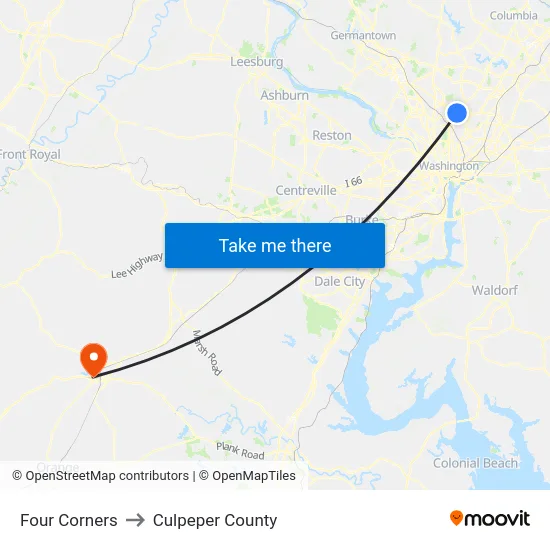 Four Corners to Culpeper County map