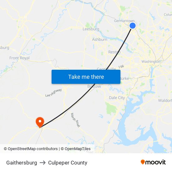 Gaithersburg to Culpeper County map