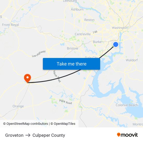 Groveton to Culpeper County map