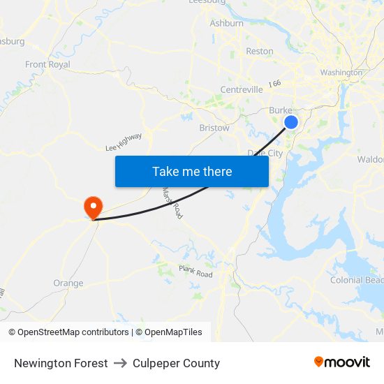 Newington Forest to Culpeper County map