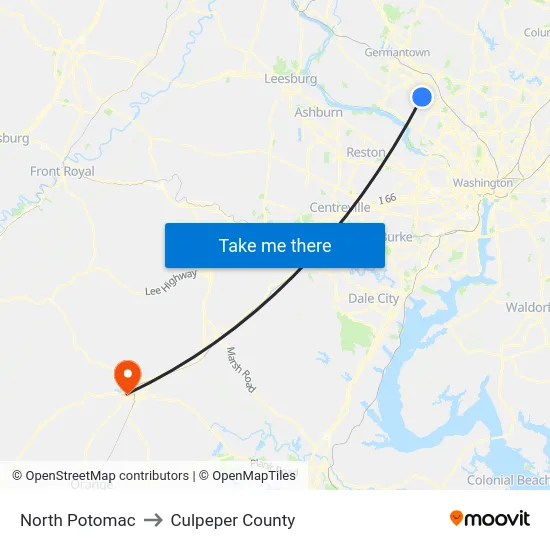 North Potomac to Culpeper County map