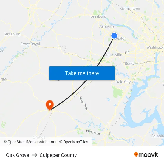 Oak Grove to Culpeper County map
