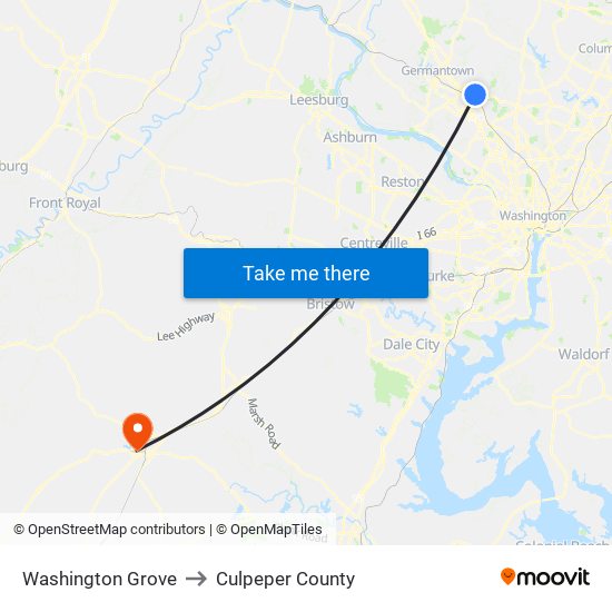 Washington Grove to Culpeper County map