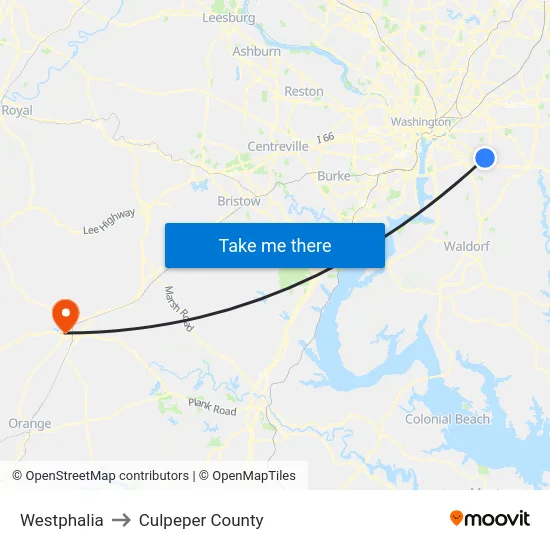 Westphalia to Culpeper County map