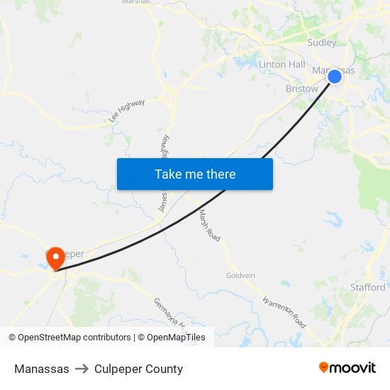 Manassas to Culpeper County map