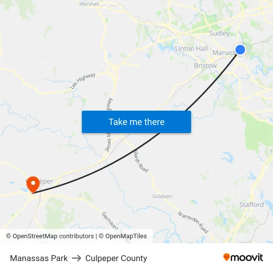 Manassas Park to Culpeper County map