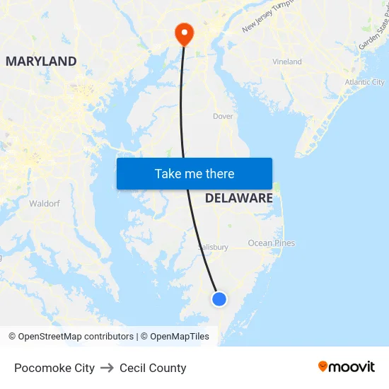 Pocomoke City to Cecil County map