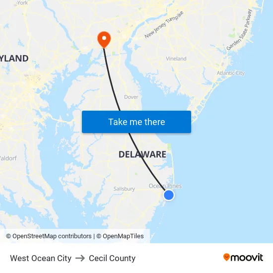 West Ocean City to Cecil County map