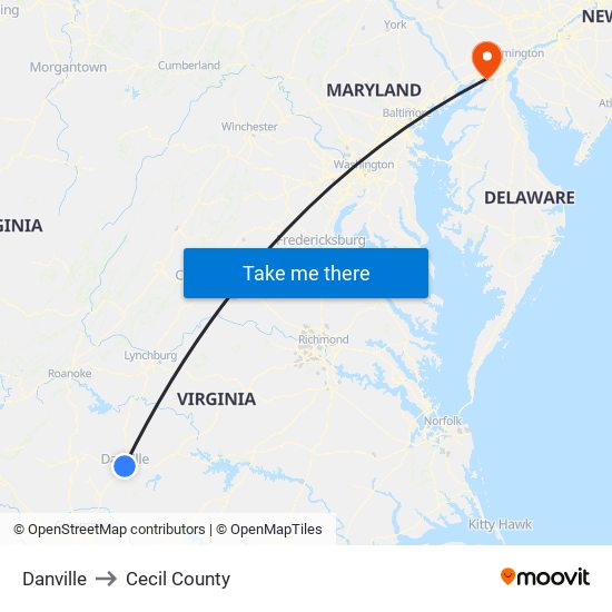 Danville to Cecil County map