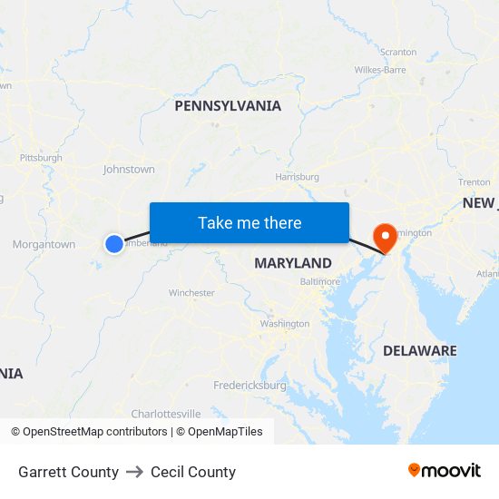 Garrett County to Cecil County map