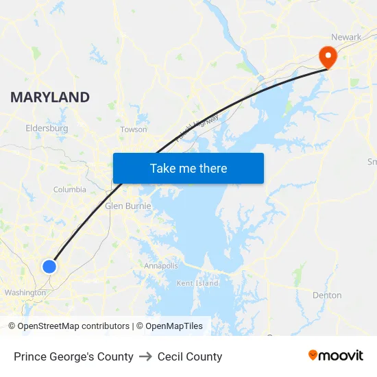 Prince George's County to Cecil County map