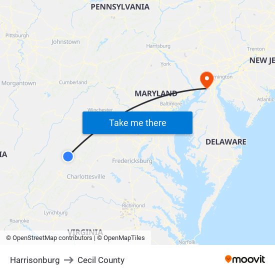 Harrisonburg to Cecil County map