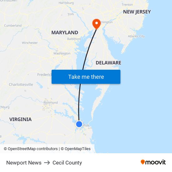 Newport News to Cecil County map