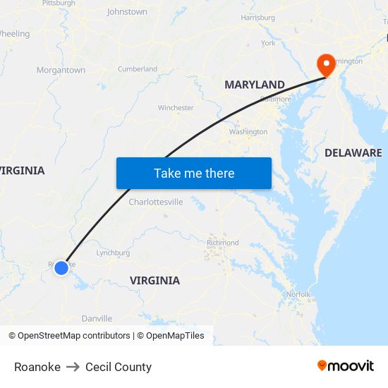 Roanoke to Cecil County map