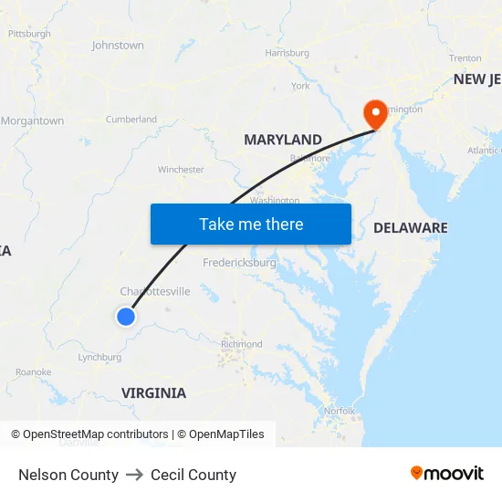 Nelson County to Cecil County map