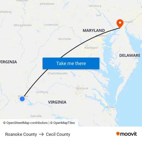 Roanoke County to Cecil County map
