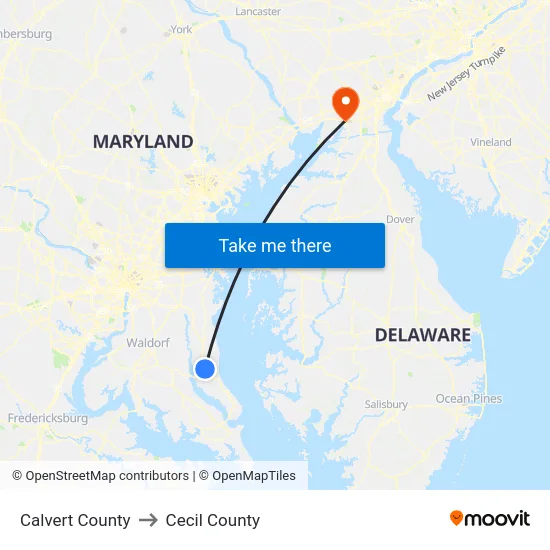 Calvert County to Cecil County map