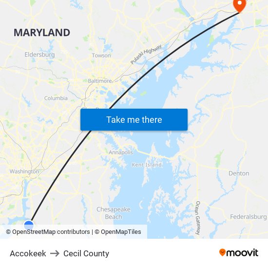 Accokeek to Cecil County map