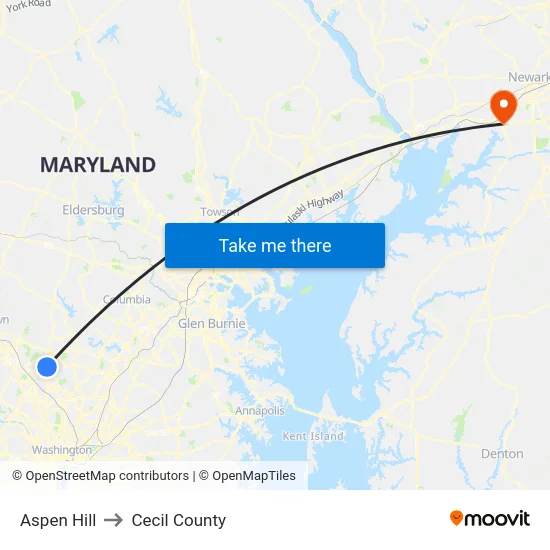 Aspen Hill to Cecil County map