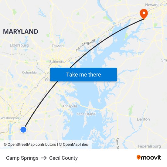 Camp Springs to Cecil County map