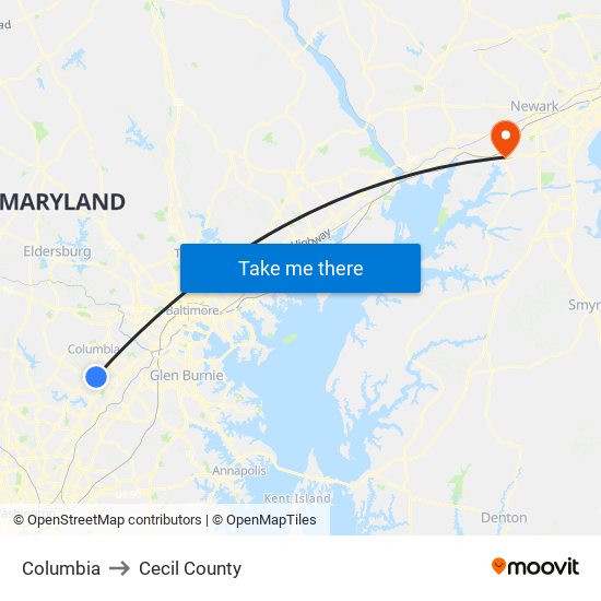 Columbia to Cecil County map