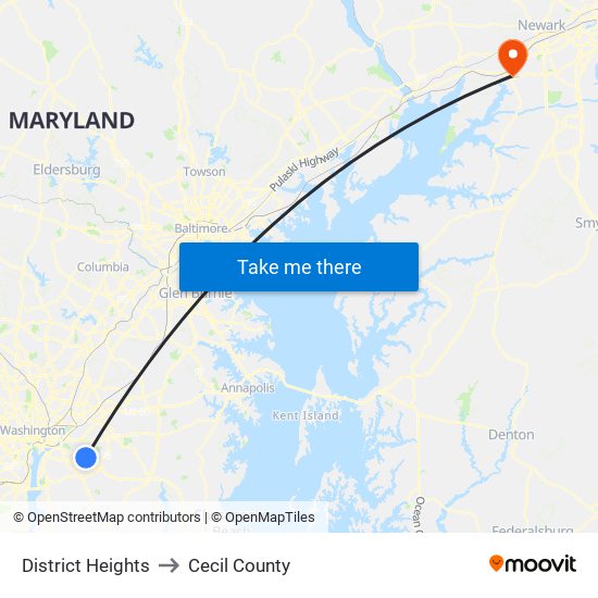 District Heights to Cecil County map