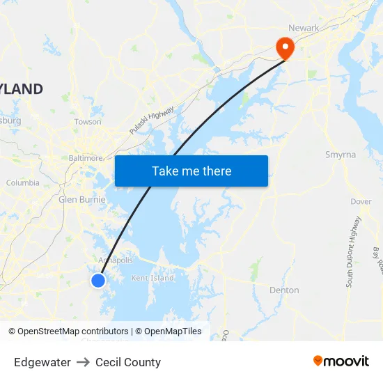 Edgewater to Cecil County map