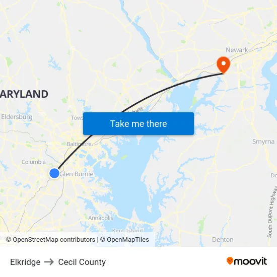 Elkridge to Cecil County map