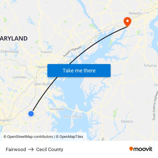 Fairwood to Cecil County map