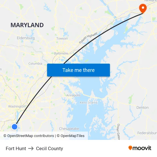 Fort Hunt to Cecil County map