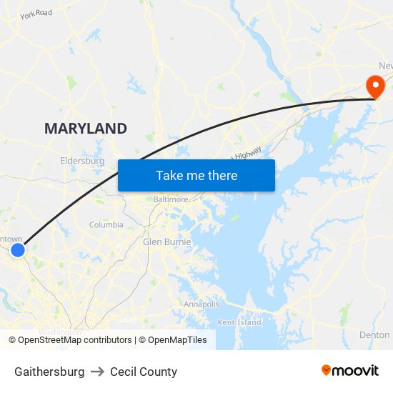 Gaithersburg to Cecil County map