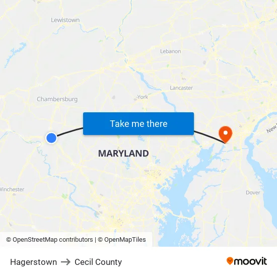 Hagerstown to Cecil County map
