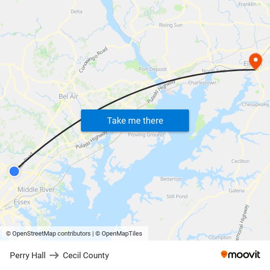 Perry Hall to Cecil County map